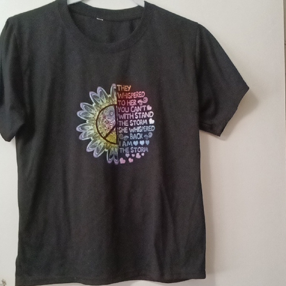 Women's Black Graphic Tee with Rainbow Sunflower Motivational Print